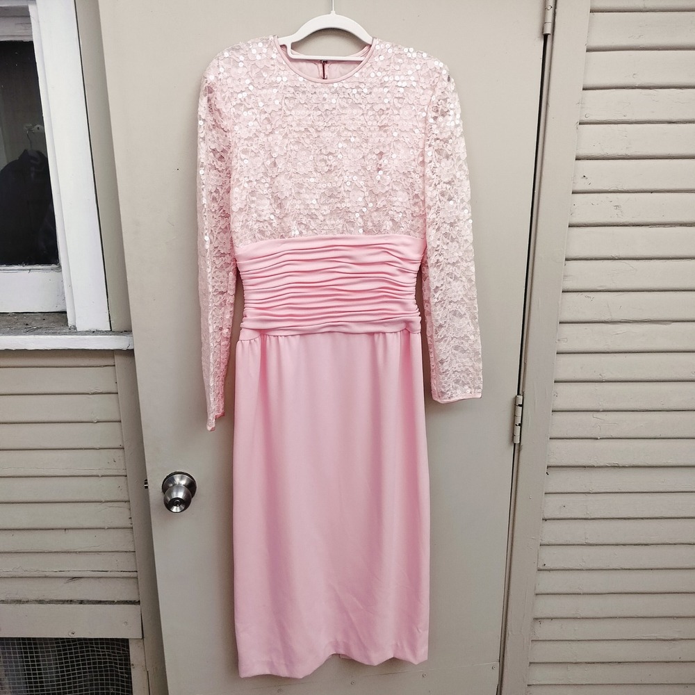Vintage‎ Talbots AJ Bari Pink Lace Sequin Ruched Waist Long Sleeve Formal Dress